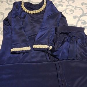 Navy blue kameez with band zip trouser and pearls